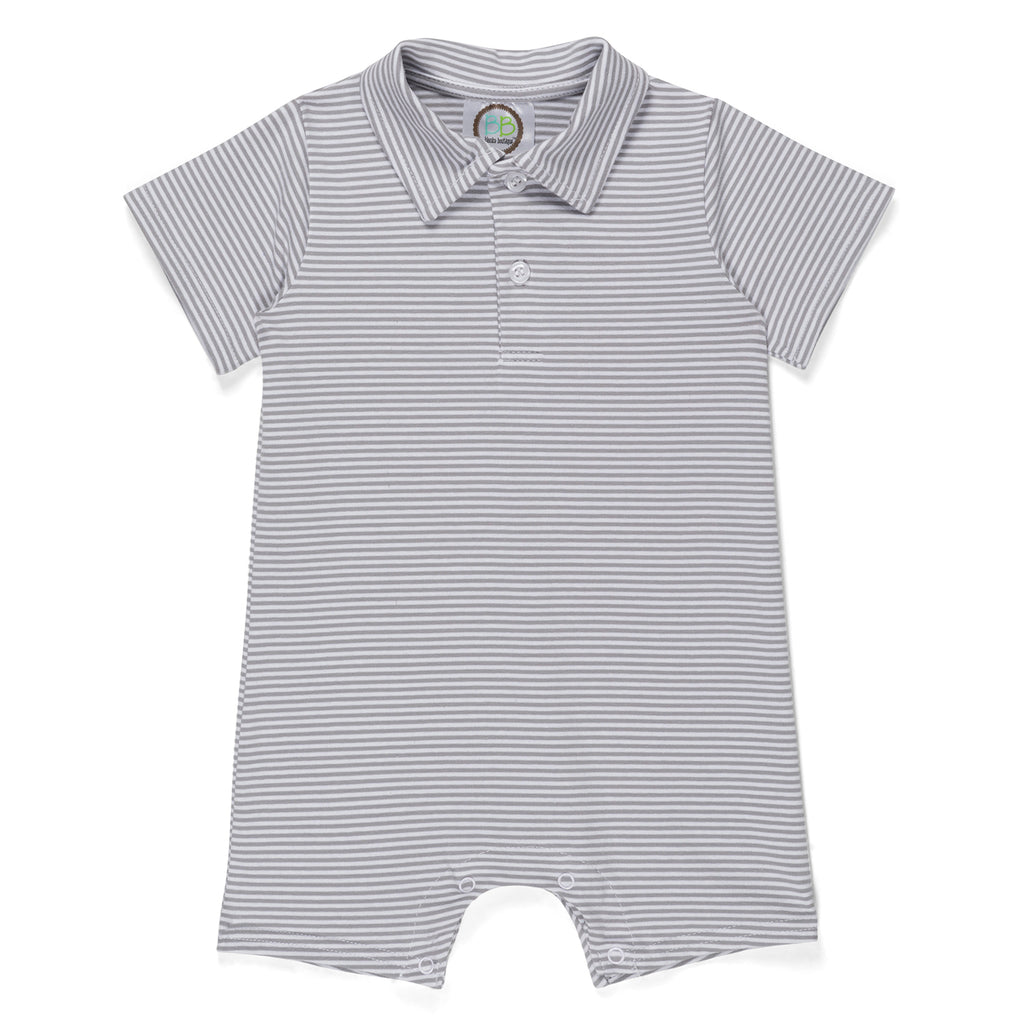 Boy's Short Sleeved Polo Style Collared Romper - Striped