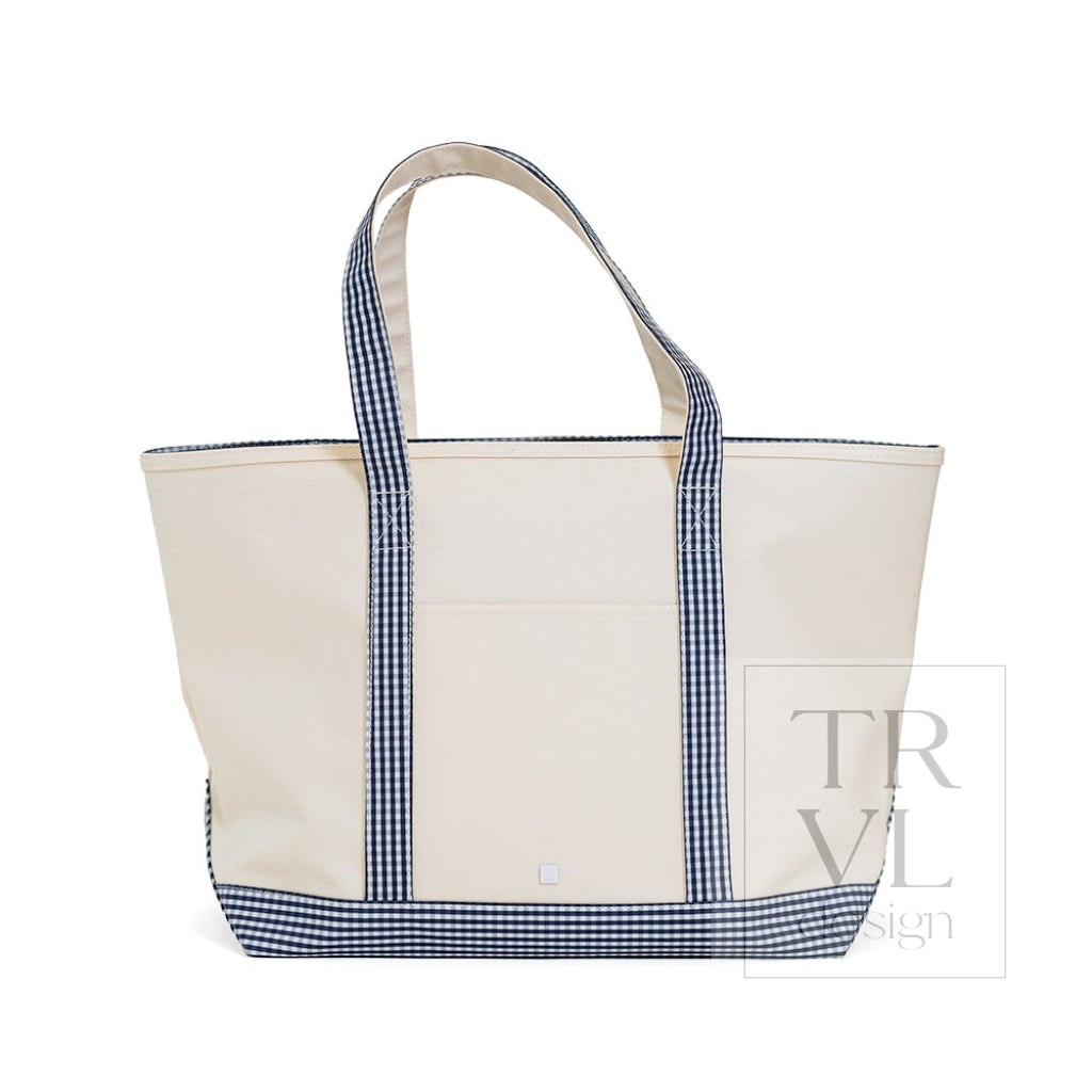 TRVL Coated Canvas Maxi Tote - Natural With Gingham Navy Trim