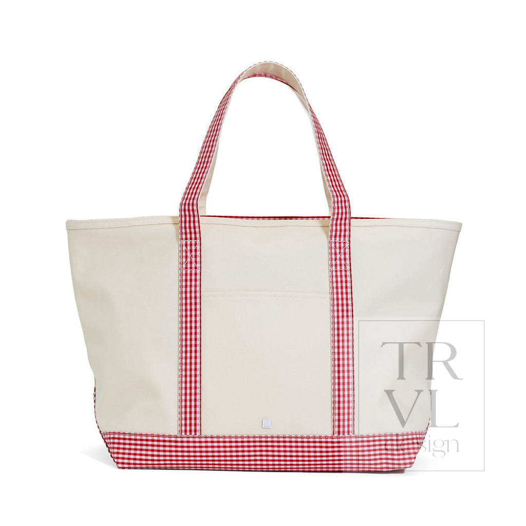 TRVL Coated Canvas Maxi Tote - Natural With Gingham Red Trim