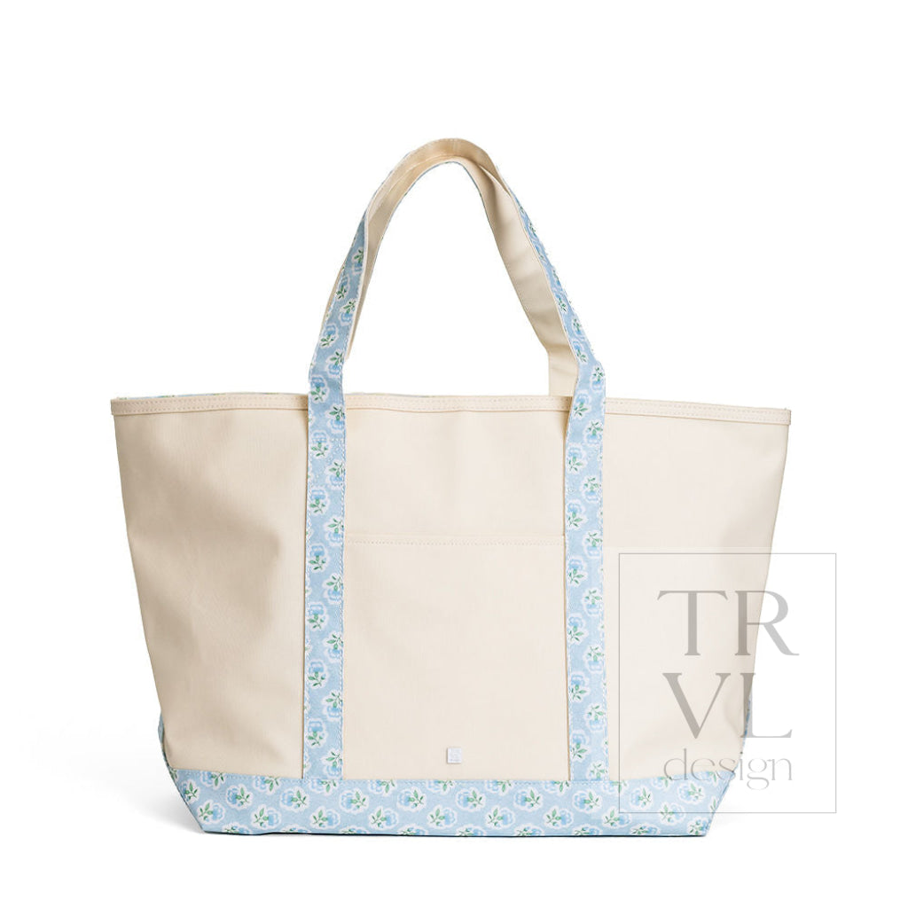 TRVL Coated Canvas Maxi Tote - Natural With Petite Fleur Blue Trim