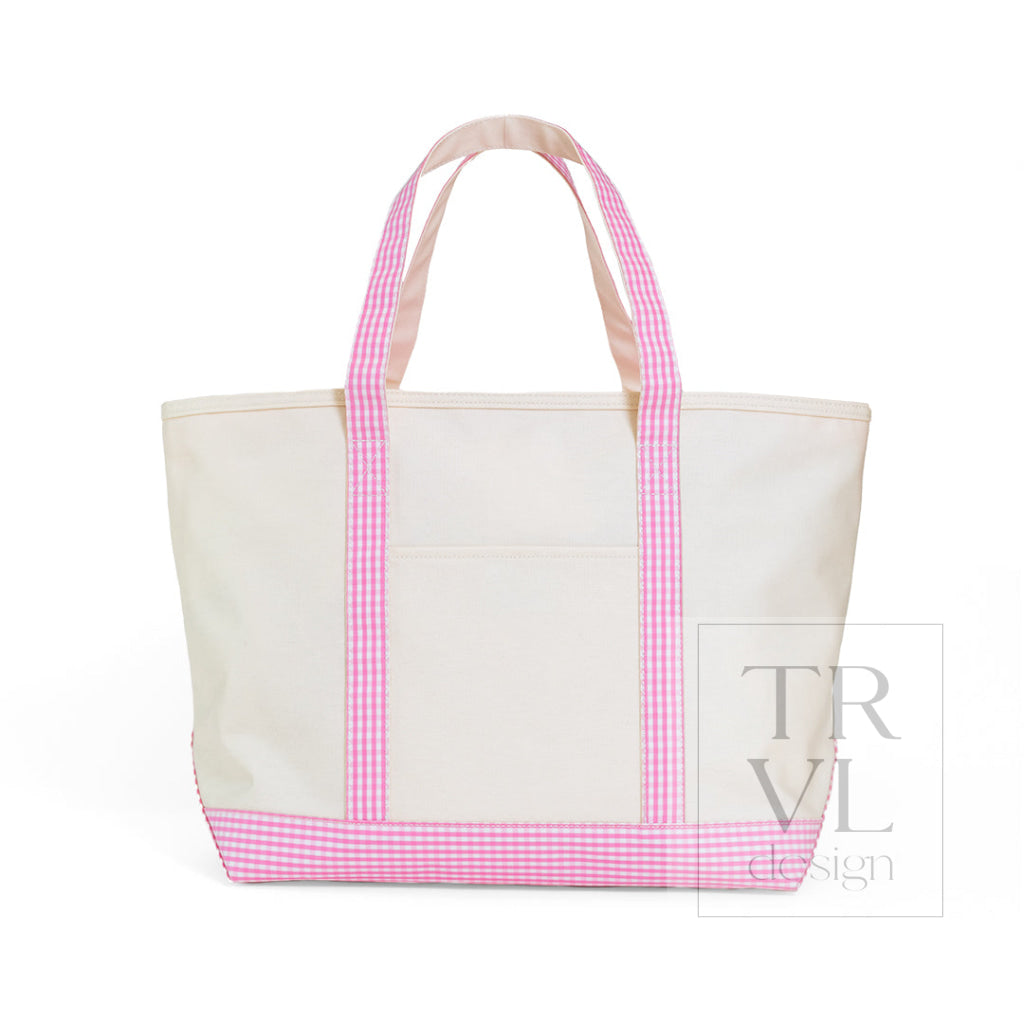 TRVL Coated Canvas Maxi Tote - Nat With Gingham Pink Trim