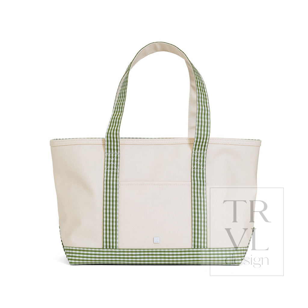TRVL Coated Canvas Medium Tote - Natural With Gingham Moss Trim