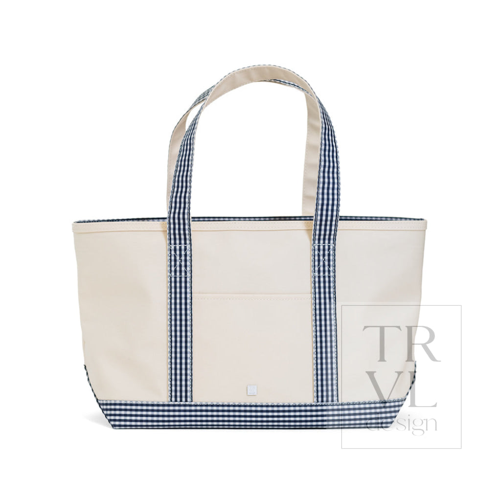 TRVL Coated Canvas Medium Tote - Natural With Gingham Navy Trim