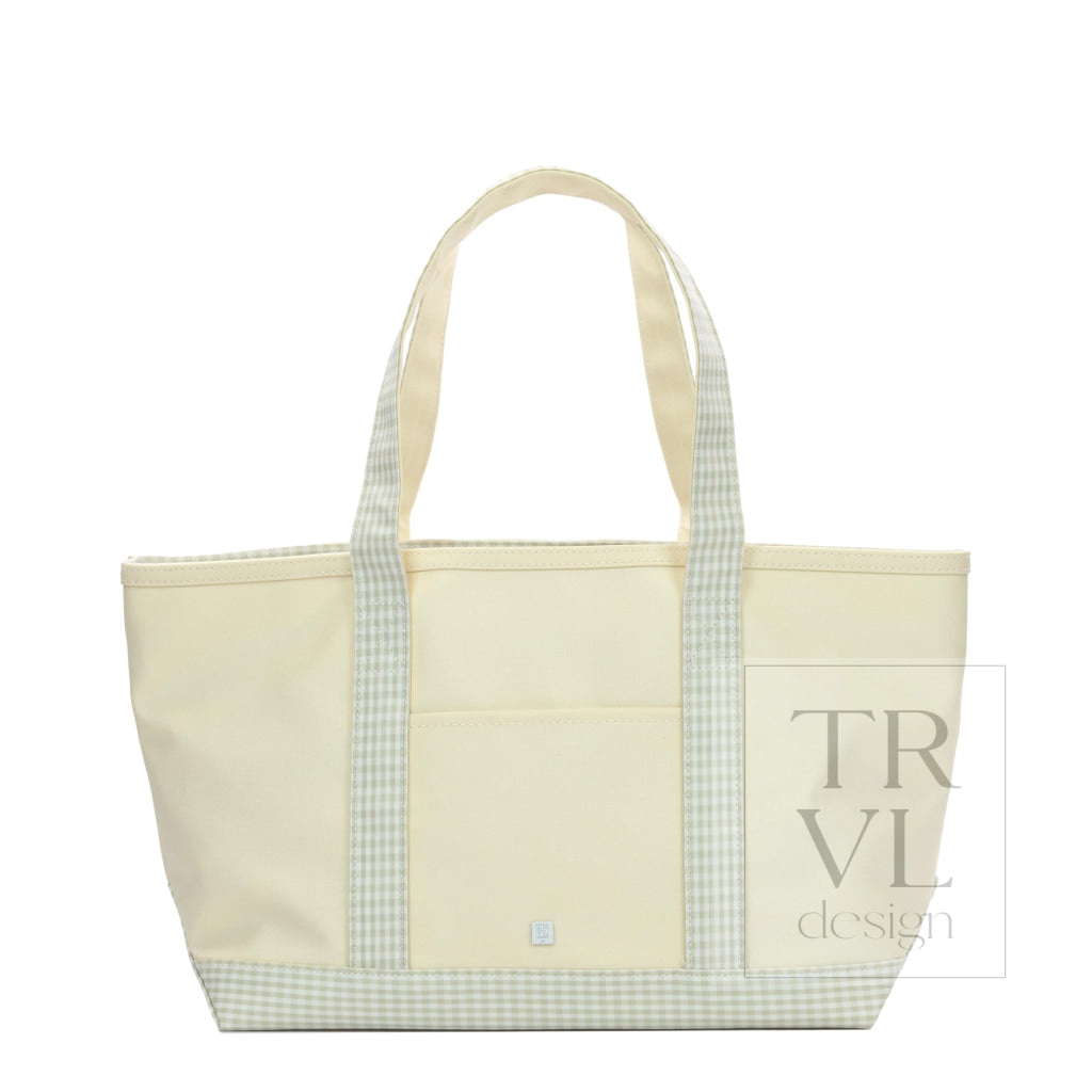 TRVL Coated Canvas Medium Tote - Natural With Gingham Pearl Grey Trim