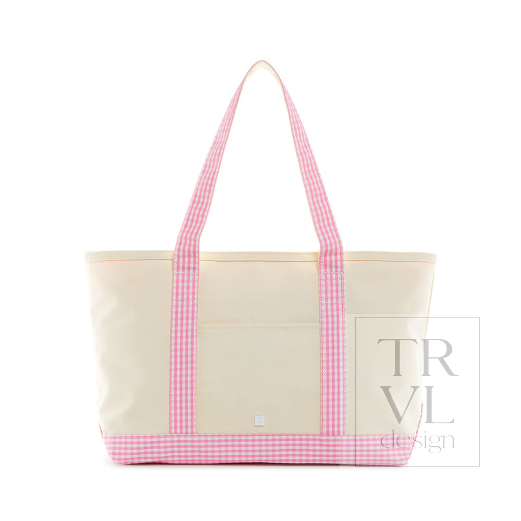 TRVL Coated Canvas Medium Tote - Natural With Gingham Pink Trim