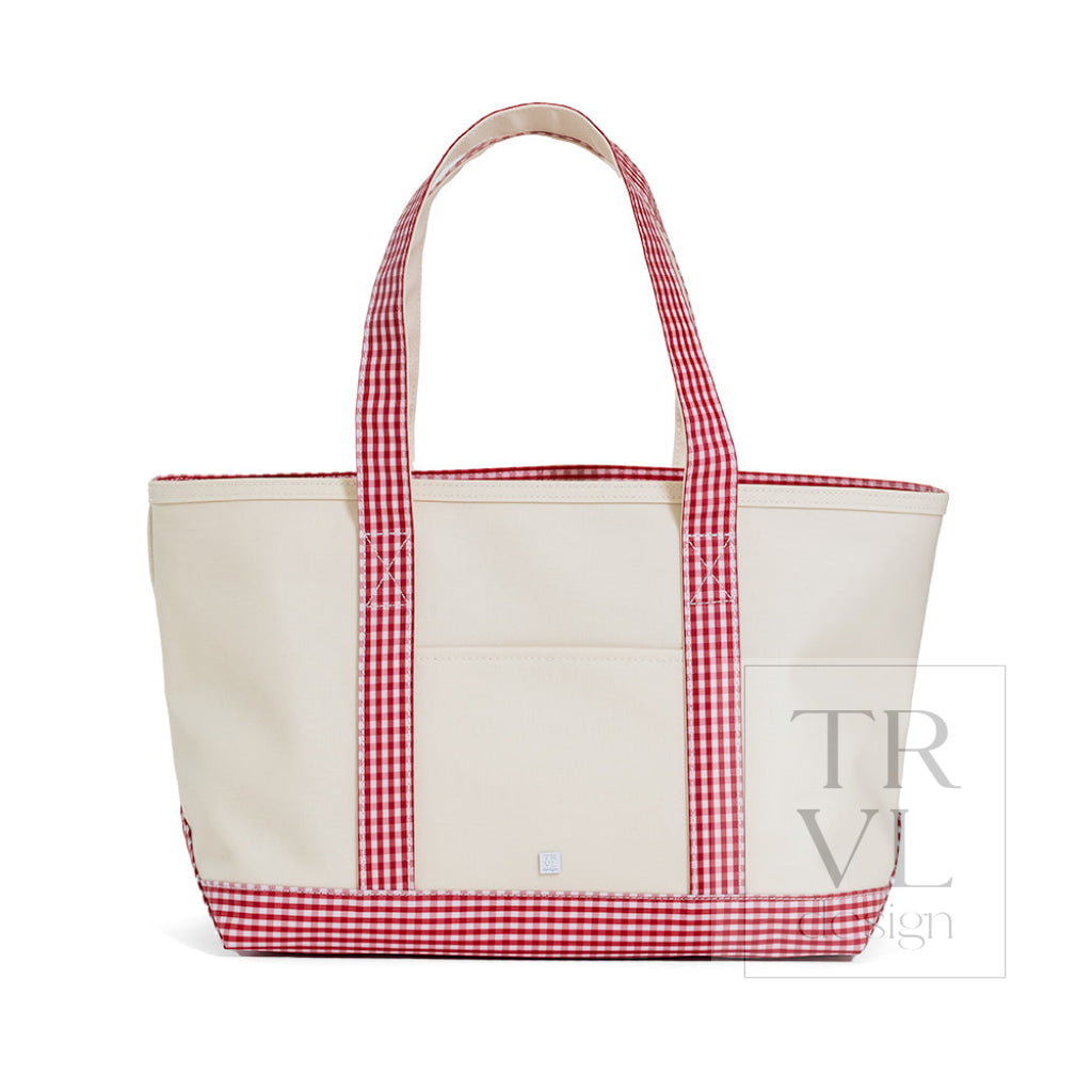 TRVL Coated Canvas Medium Tote - Natural With Gingham Red Trim