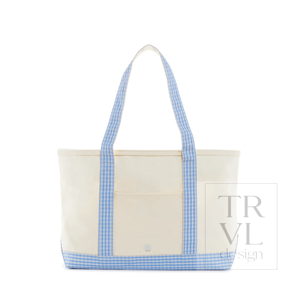 TRVL Coated Canvas Medium Tote - Natural With Gingham Sky Trim
